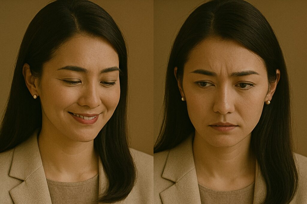 左は穏やかな笑顔、右は不安げなまなざし。二つの表情が一人の女性の内面を映し出す。