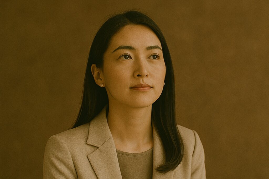 目線を上げて何かを思い出すような女性の表情。未来へのまなざしと、内なる問いかけ。