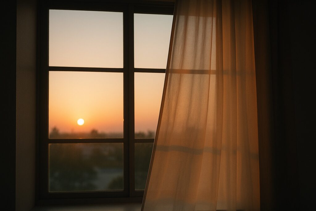 カーテン越しに差し込む朝の光で照らされた部屋。夜明けの希望と余韻を象徴する情景。
