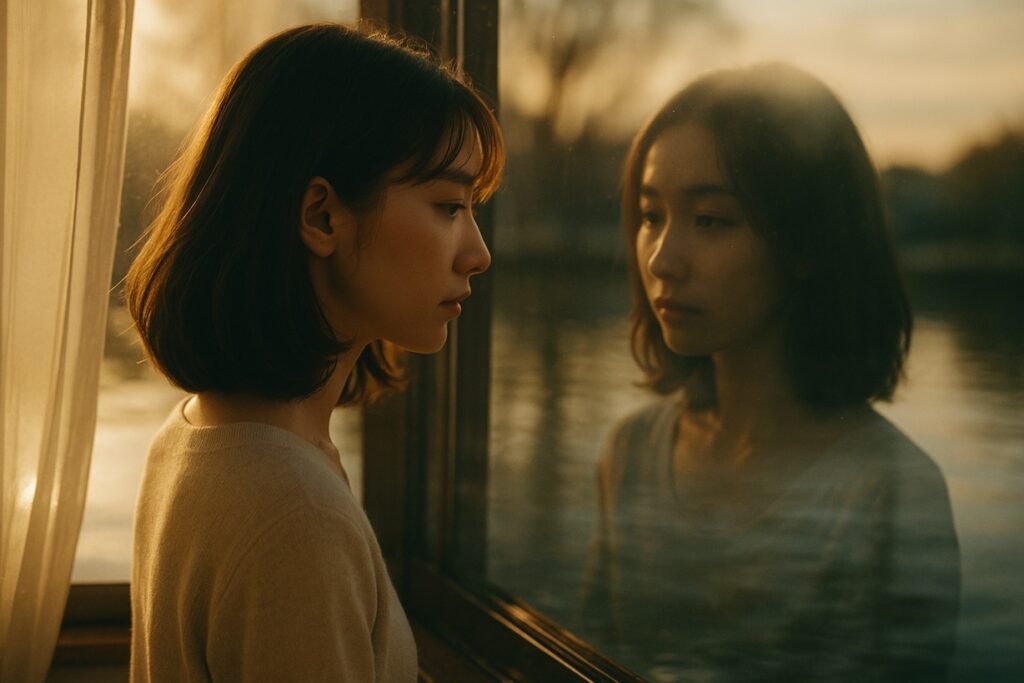 鏡に映る女性の姿が、自分自身の恋を投影するように見せる『ガールオアレディ2』アズサの象徴的イメージ