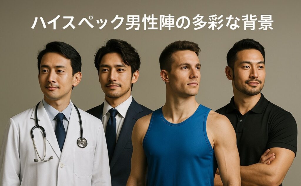 医師、経営者、元オリンピアンなど、多彩な職業を持つ男性メンバーを象徴するビジュアル。ガールオアレディ2のハイスペック男性陣の背景を表現