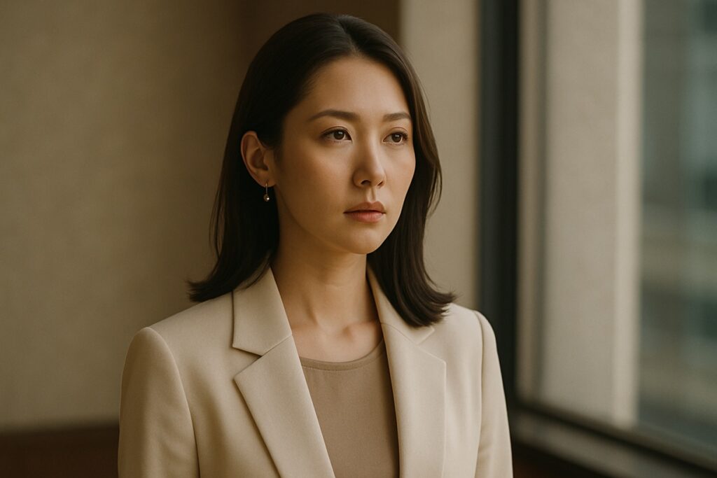 凛とした表情の女性が窓辺に立ち、外を見つめる姿。淡い光に照らされた横顔が印象的。