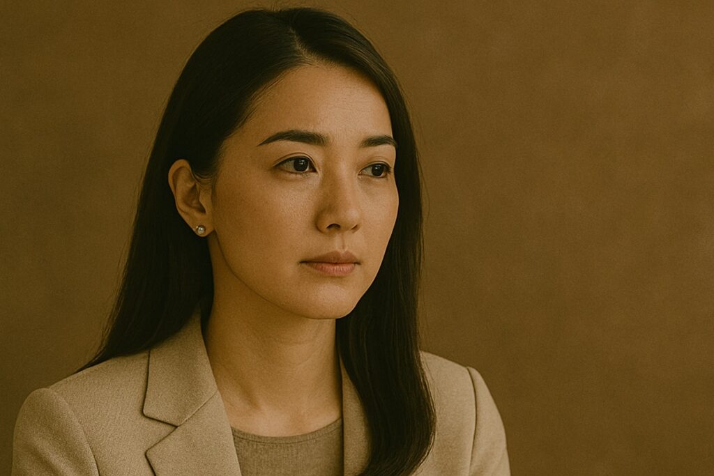 まっすぐ遠くを見つめる女性。静かな表情に、恋の記憶と重なる余韻が漂う。