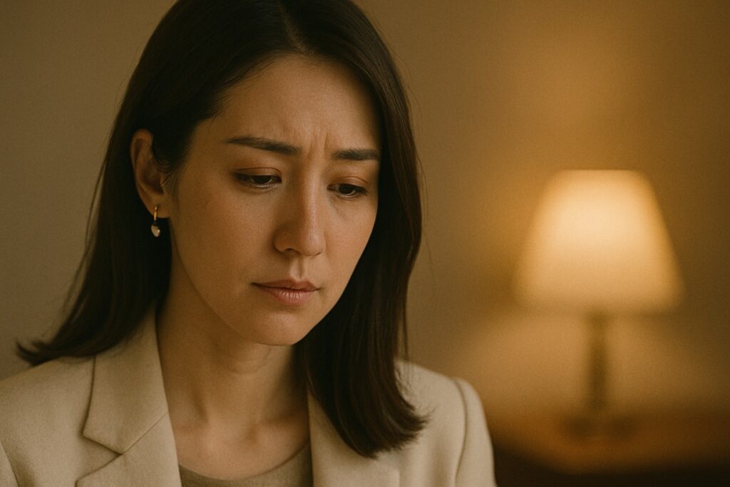 室内のやわらかな光の中、まなざしを落とし思いに沈む女性の姿。背景にはぼんやりとしたランプの光。
