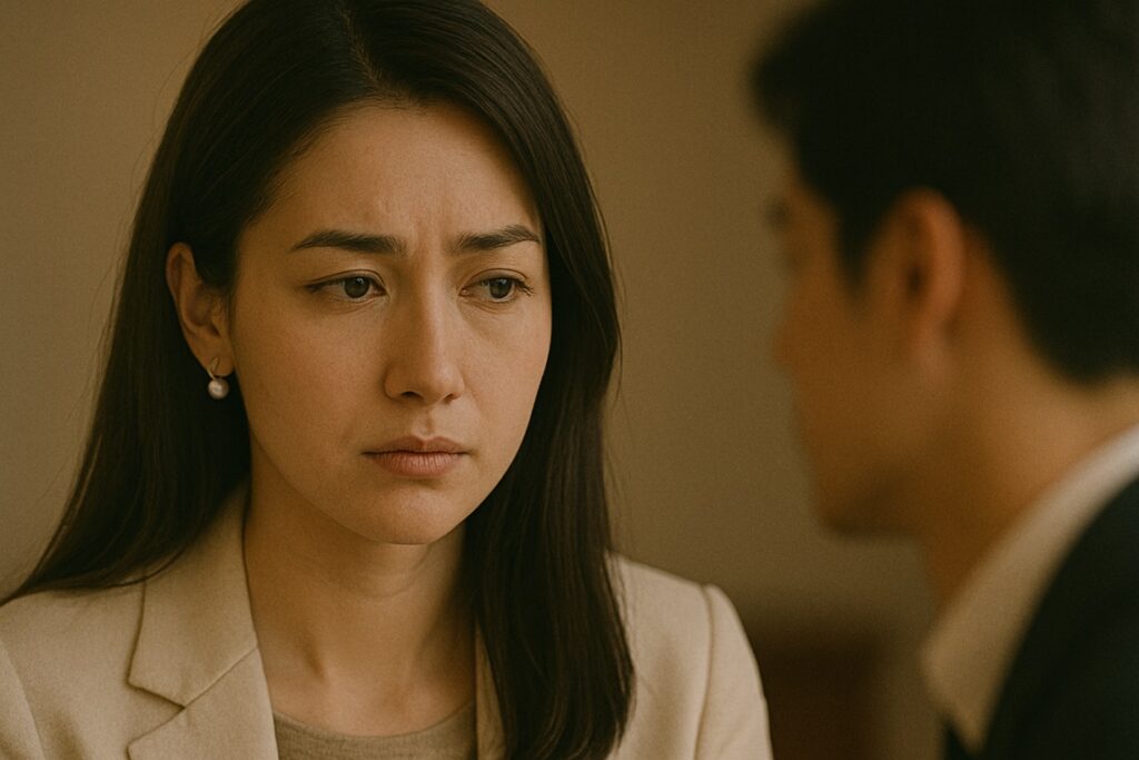 男性の前で視線を外し、不安そうに揺れる女性の表情。沈黙が心の葛藤を映し出す。