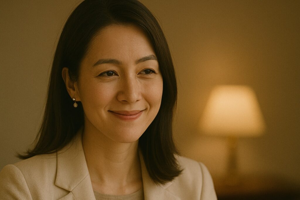 やさしく微笑む女性の表情。穏やかな空気のなかに、どこか切なさもにじむ。