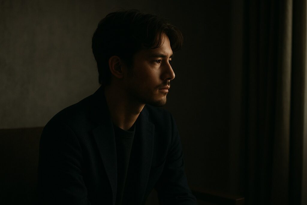 静かな横顔を見せる若い男性。沈黙の中に余韻を感じさせる情景。