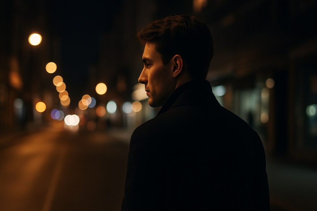 夜の街の明かりに照らされ、考え込む若い男性の後ろ姿。不安と余裕が交差する姿。