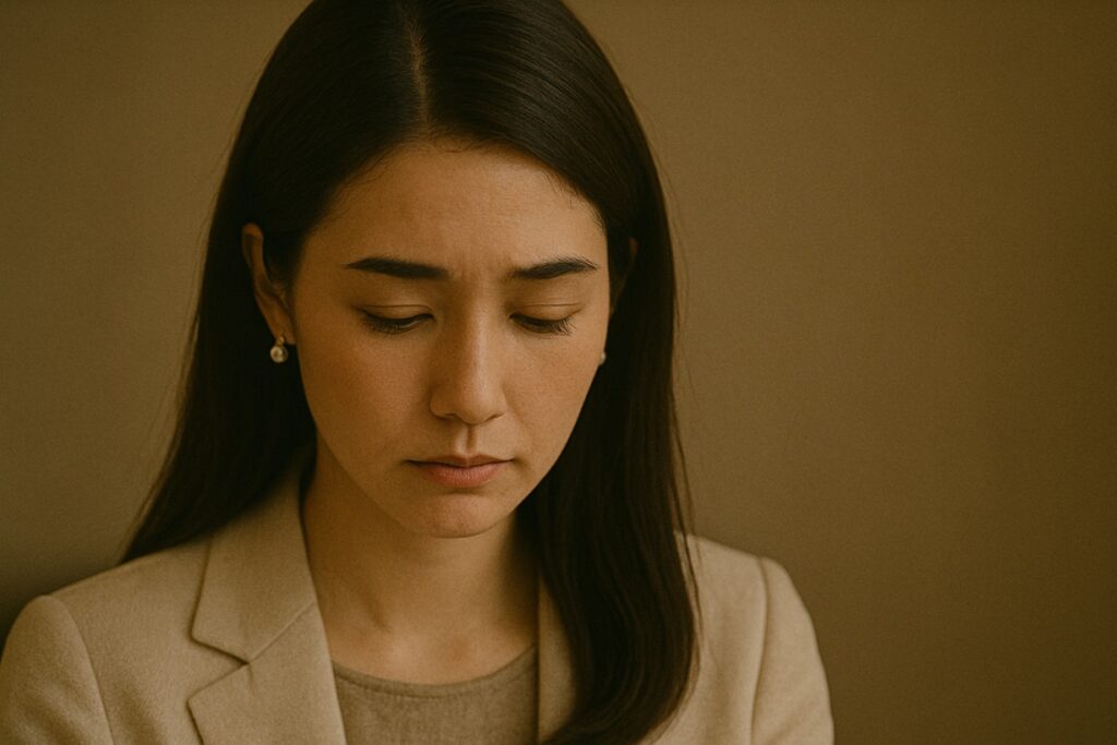 目を伏せて口を結ぶ女性の表情。語らぬままに感情を抱える、沈黙の美しさ。