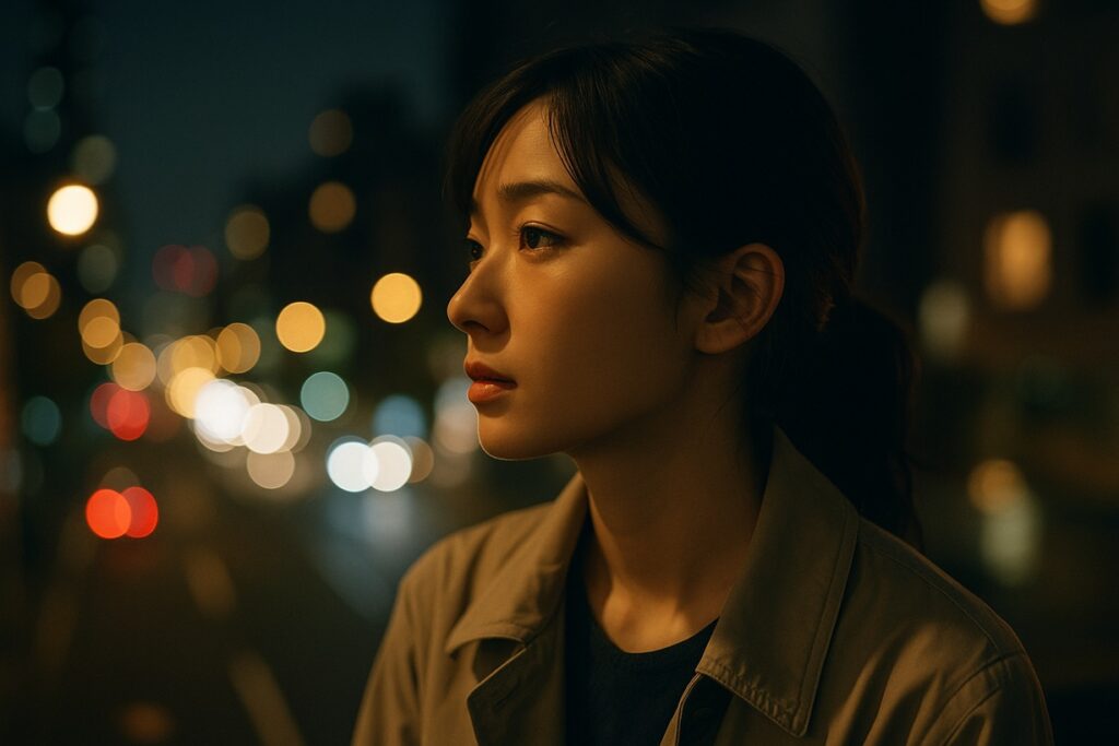 夜の街の明かりに照らされながら物思いにふける女性の横顔。言葉にならない想いと沈黙の切実さを感じさせる情景。