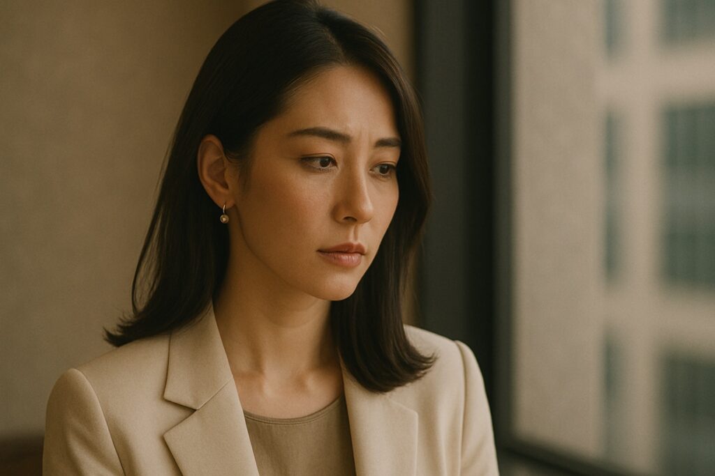真剣な表情で目を伏せる女性。繊細な心の揺れがにじむ横顔。