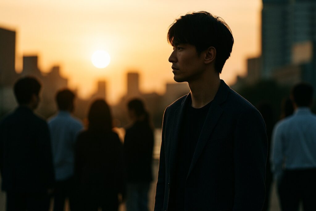 複数の人影の中で、少し離れて立つ男性。独自の存在感を象徴する場面。