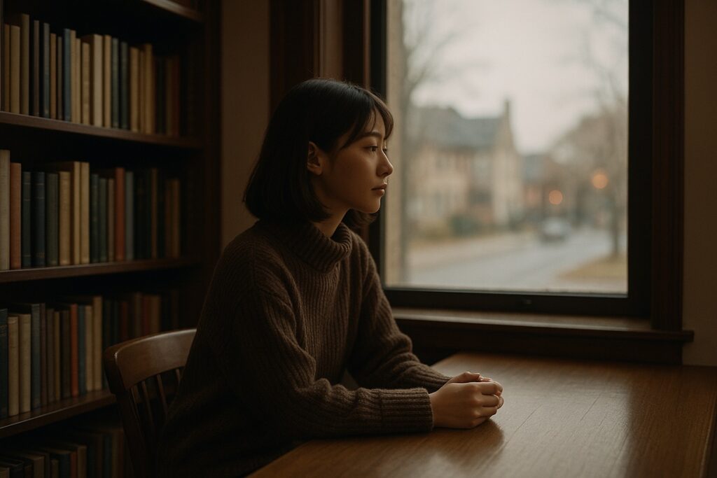 窓辺で静かに座る若い女性のシルエット。柔らかな光に包まれ、静けさの中で存在感を放つ様子を表現したイメージ。